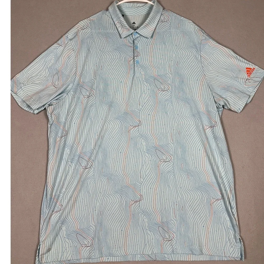 Adidas Polo Shirt Mens 2XL Light Blue Topographic Print Golf Performance Rugby